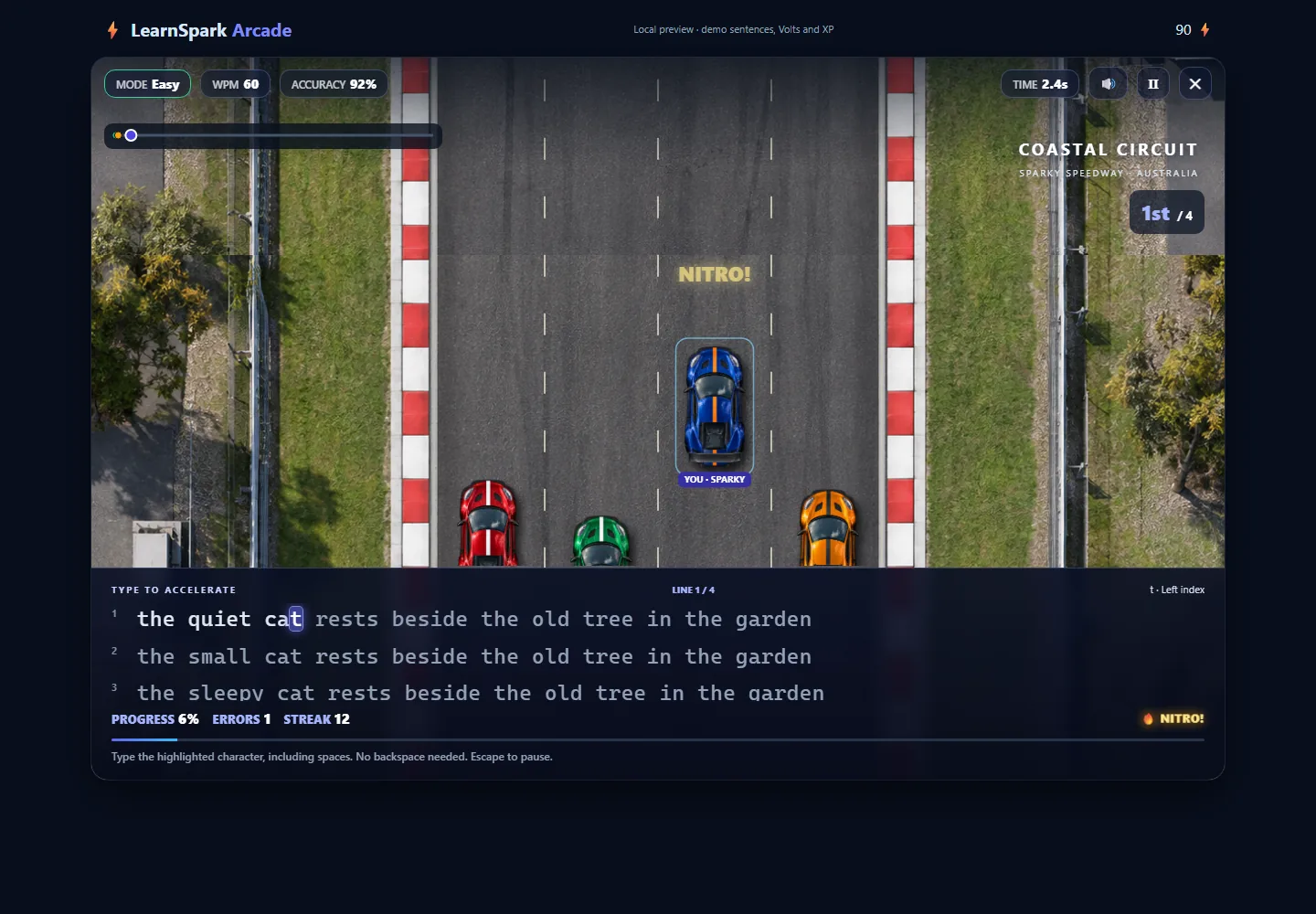 Sparky Speedway: overhead view of the coastal circuit with four race cars and a typing line