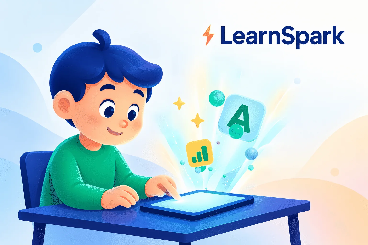 A child at a tablet with maths, letters and stars bursting out of the screen, next to the LearnSpark logo
